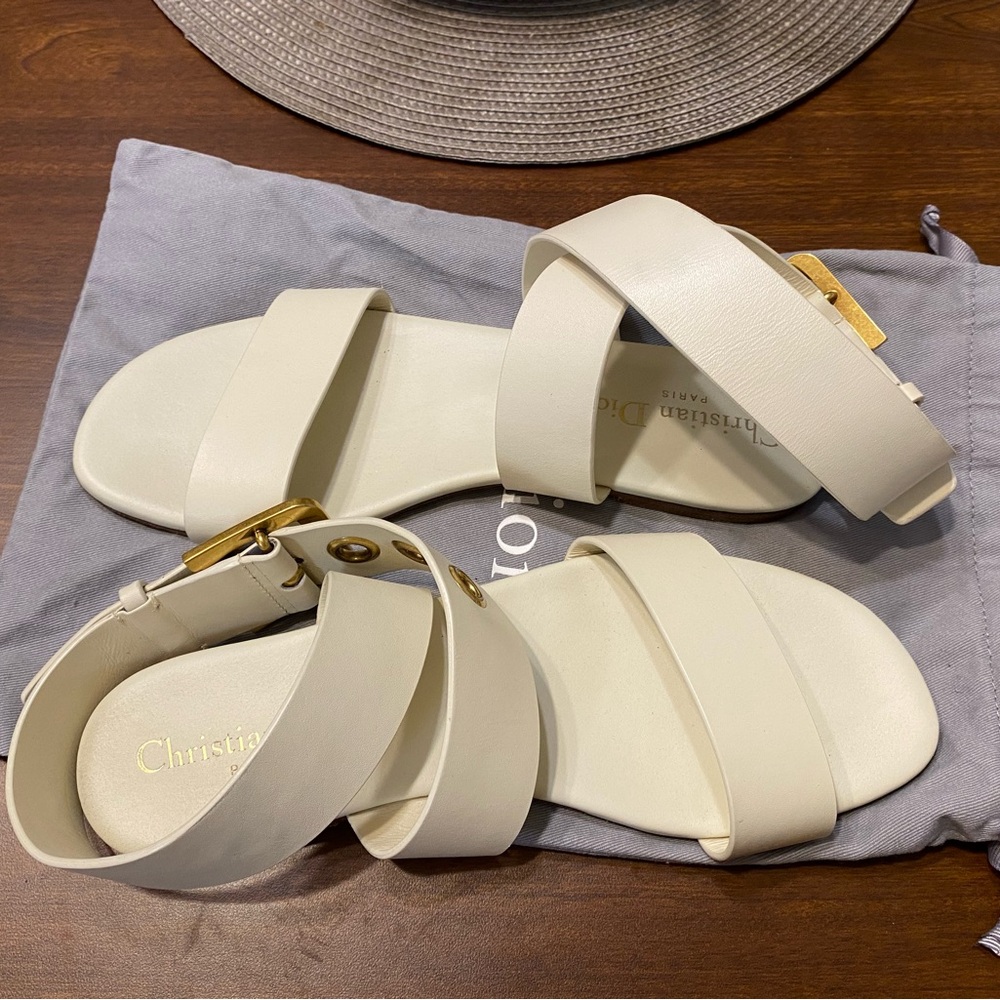 Christian Dior Leather Ankle Strap Flat Sandals White Size 36 (6 US)